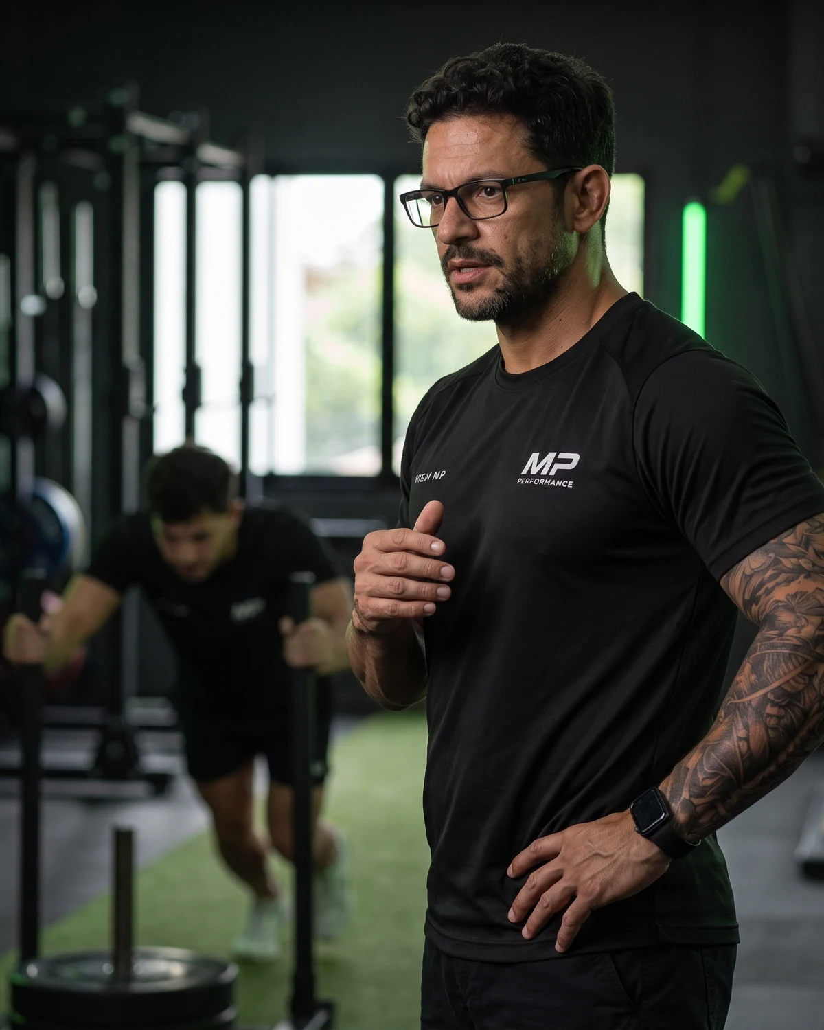 Gabrio Lima, Performance Coach, com camiseta MP Performance orientando um atleta em treino na academia