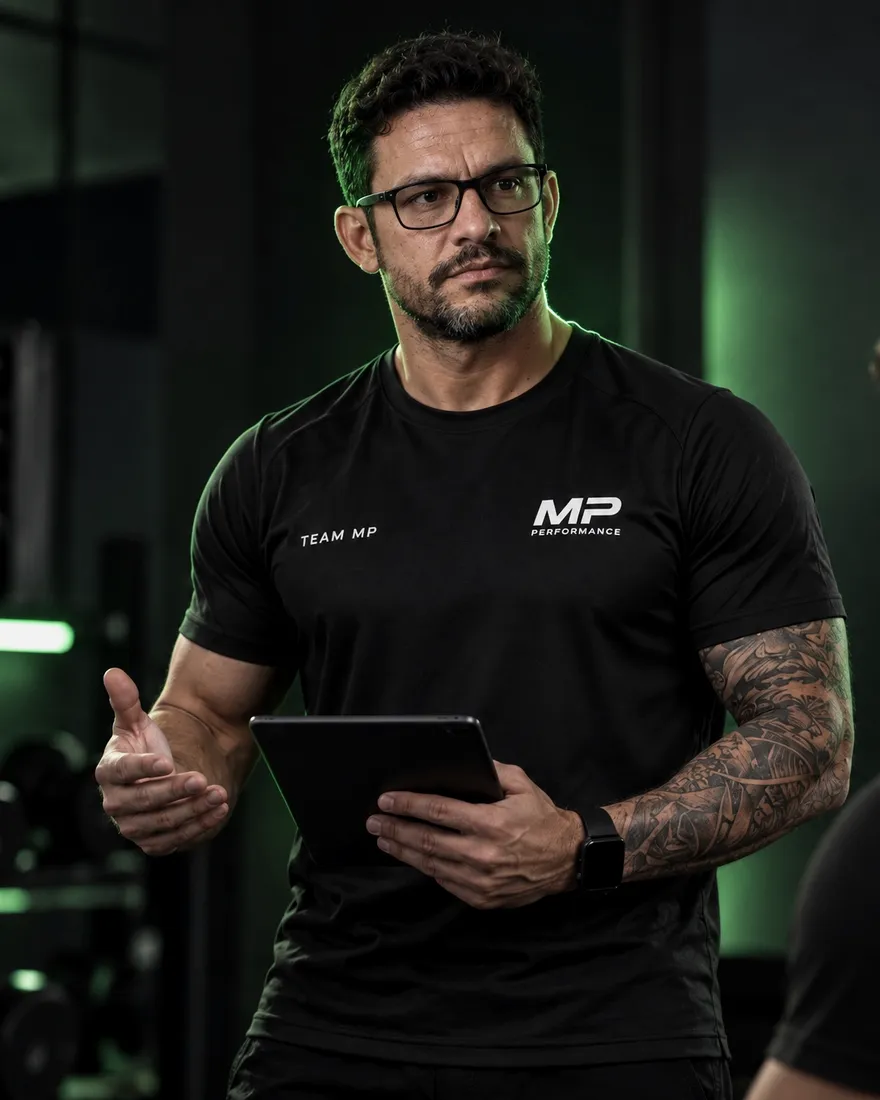 Gabrio Lima analisando dados de treino em um tablet enquanto orienta um atleta