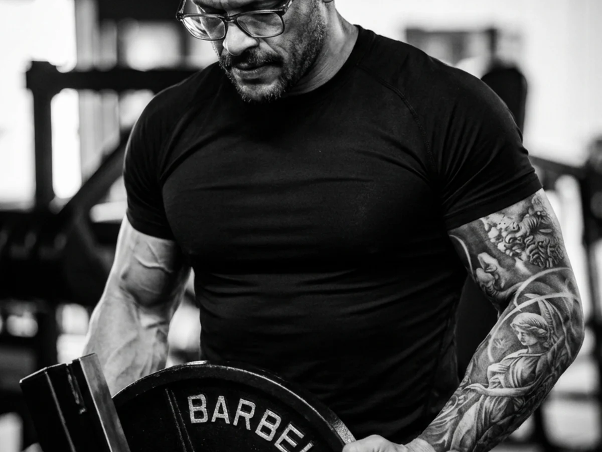 Gabrio Lima em preto e branco segurando uma anilha de 20 kg na academia