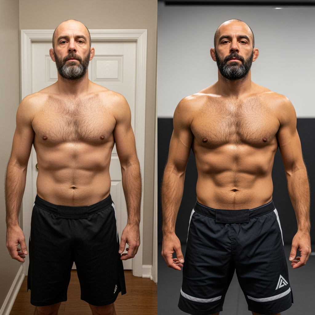 Resultado: praticante de jiu-jitsu, 47 anos — antes e depois